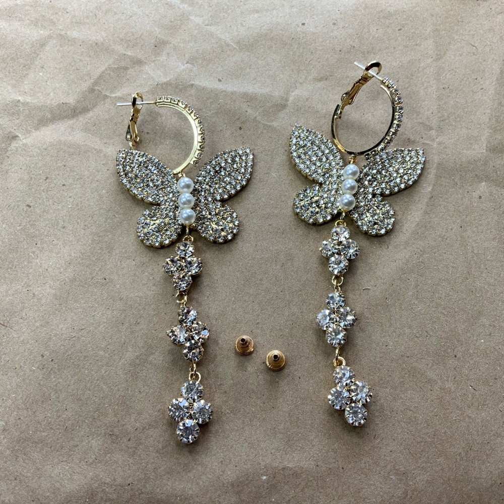 Metal diamonds pearls Butterfly Long Earrings - Picture 2 of 11